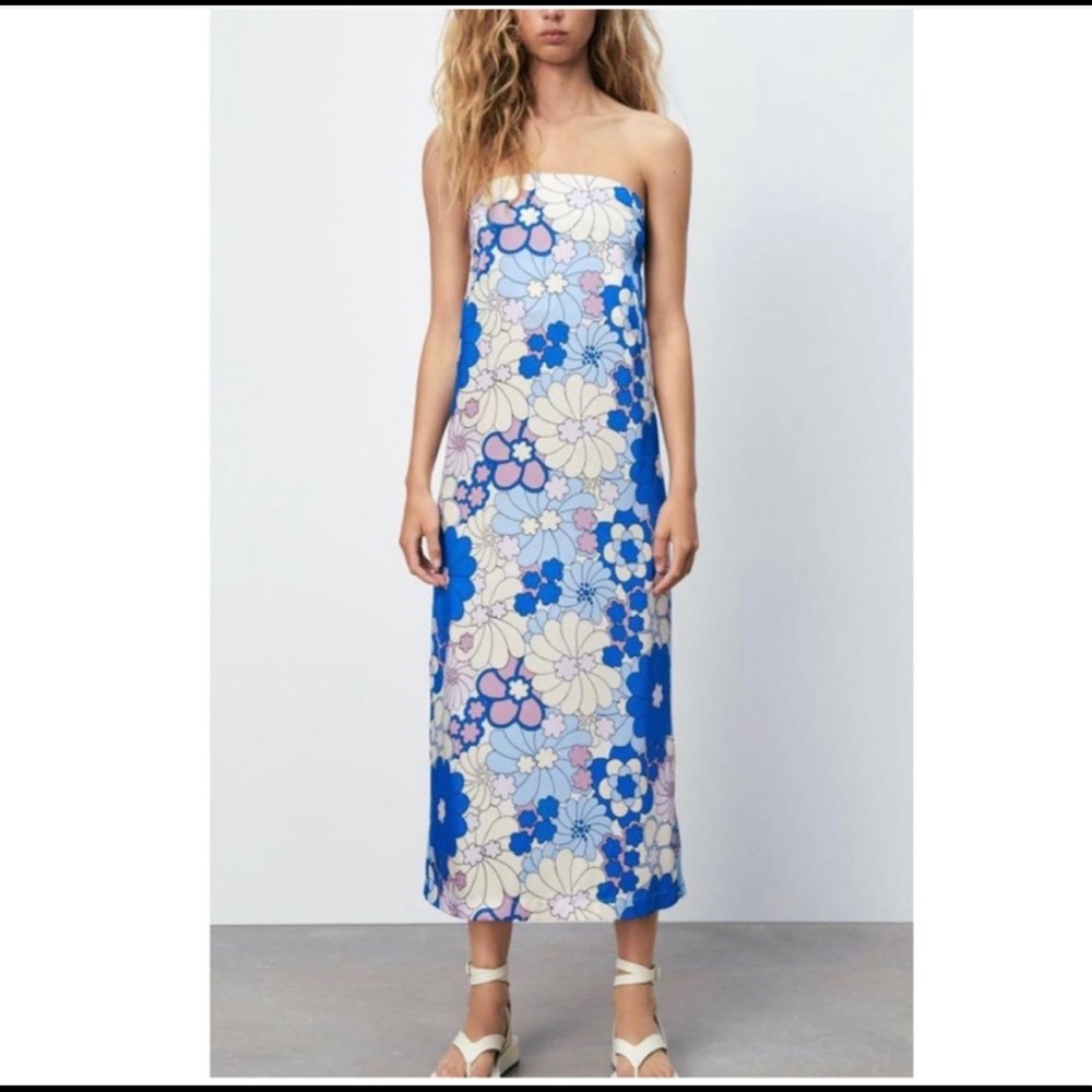 Zara Strapless Floral Midi Dress Blue - NEW - XS 8098519112